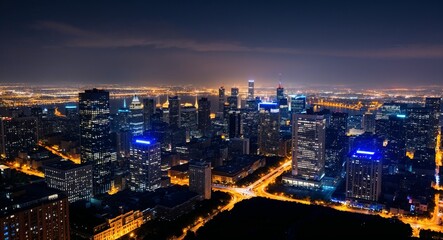 Obraz premium A panoramic view of the city at night with lights outlining each building