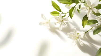 Fototapeta premium White Flowers and Green Leaves on White Background