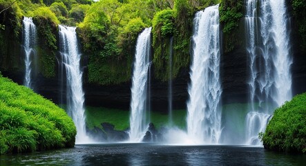 Obraz premium A series of cascading waterfalls surrounded by vibrant green vegetation