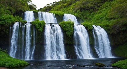 Naklejka premium A series of cascading waterfalls surrounded by vibrant green vegetation