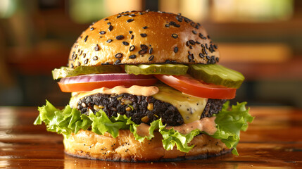 Hearty black bean burger with avocado and smoky chipotle mayo in diner lighting on a wooden table