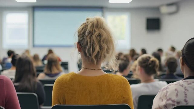 Students concentrate on an informative lecture as the instructor presents material in a modern classroom environment