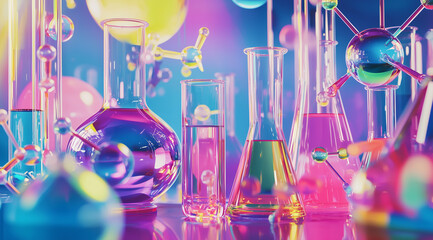 Vibrant background with scientific equipment: beakers, test tubes, flasks. Chemical structures. Evoke curiosity about science.