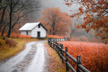 Obraz premium A fall scene in Iowa with vibrant orange and red foliage, a pumpkin patch, and a rustic wooden fence