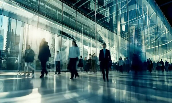 People walking in office lobby timelapse, motion blur, abstract background 