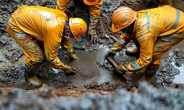 Group pf men in robe working on industrial site, catching the water leak 