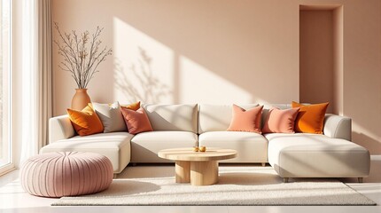 Minimalist, japandi home interior design of modern living room. Modern seating area with soft beige sectional sofa with orange and purple accents, wooden round table, and tall vase in serene.