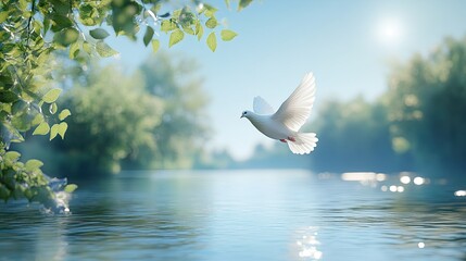 Elegant white dove flying low over a shimmering river, framed by lush green banks under a clear blue sky