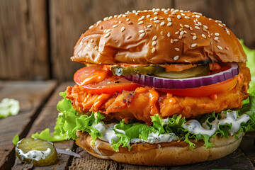 Delicious buffalo chicken burger with blue cheese dressing and rustic presentation on wooden table