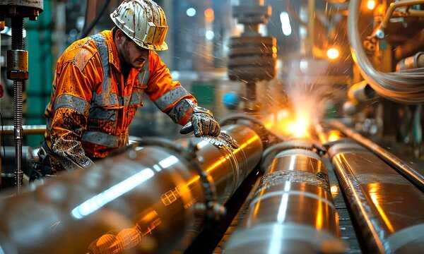 Man in robe working on jack rig platform, monitoring the pipes connection. 4K
