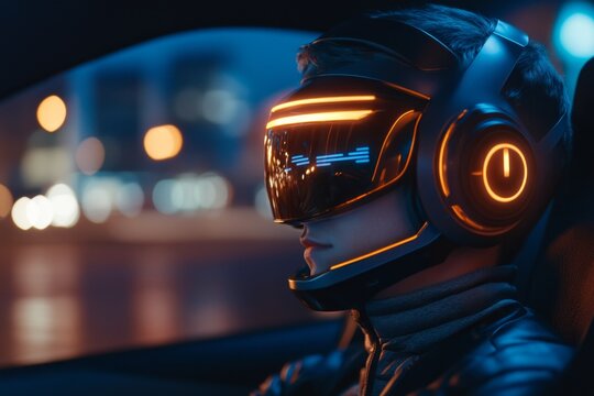 A gamer immersed in a high-tech brain-training app with glowing symbols representing mental agility