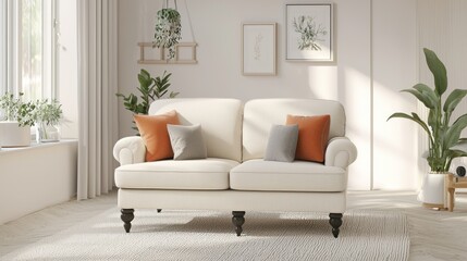 Cozy living room with a light sofa and decorative plants.
