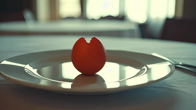 Orange egg shell on white plate at restaurant table during bright day