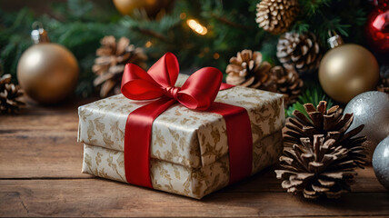 Beautifully wrapped New Year's gifts stacked together, featuring colorful paper, shimmering bows, and festive tags.