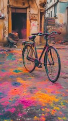Colorful Bicycle on Vibrant Street after Holi Celebration Festivities