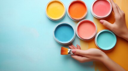 Colorful Paint Pots and Brush on a Pastel Background