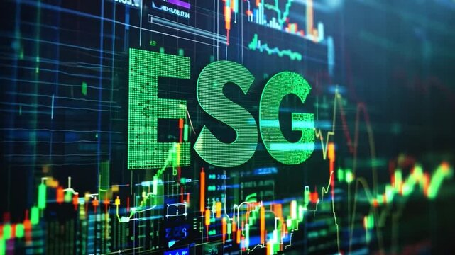 Green ESG abbreviation on digital board with data and trends, showing how environmental, social, and governance factors influence the financial landscape