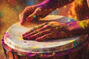 Traditional Indian Drum Played During Colorful Holi Festival
