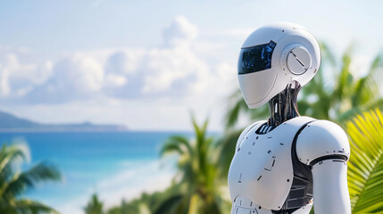 A high-tech humanoid robot standing by a lush green coastline, symbolizing the harmony between technology and nature. Ideal for themes like eco-friendly AI, robotics in nature, and