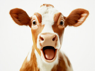 Surprised cow with a funny and excited expression isolated on white, generated ai 
