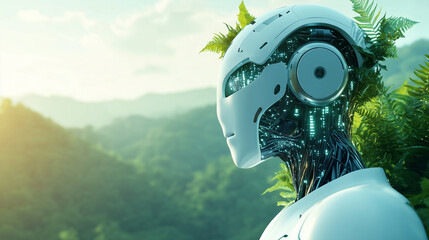 A detailed side profile of a cybernetic being, combining advanced robotics with organic elements, against a serene natural landscape. Designed for themes around futuristic sustaina