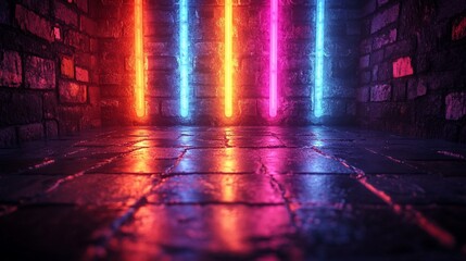 Neon Lights Reflecting on Brick Wall and Cobblestone Floor