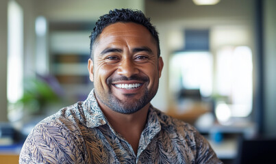 Handsome Maori man at business office, generated ai