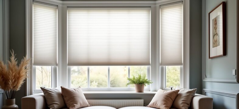 Modern apartment living room with large bay window featuring extra-large white pleated blinds. Contemporary top-down bottom-up window treatments provide privacy, light control. Soft beige couch,