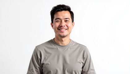 Fototapeta premium Happy young man in a grey t-shirt smiling with a positive attitude on a white background with copy space