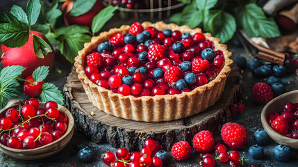 Delicious berry tart with raspberries, blueberries, and red currants, on rustic wooden background.  Perfect for baking blogs, magazines, or websites.