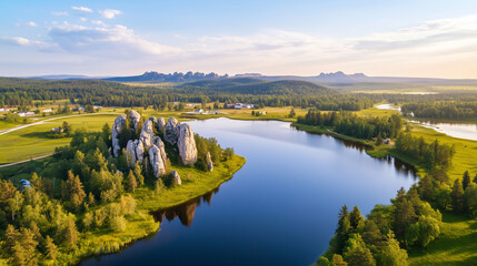 Discover Russia's Hidden Gem: River Ai and Ural Rocks An awe-inspiring view of the famous rock formations and pristine waters of the Ai River, surrounded by dense forests in the he