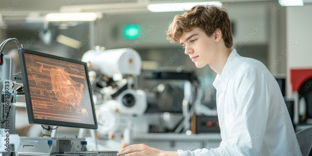 Poster young engineer analyzing data on computer in modern lab environment