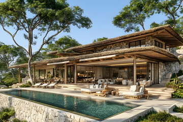 Luxurious villa with infinity pool, thatched roof, and stunning natural surroundings.  Perfect for luxury travel, real estate, or architecture websites.