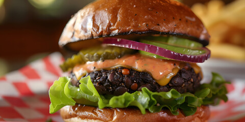 Hearty black bean burger with creamy avocado on checkered tablecloth