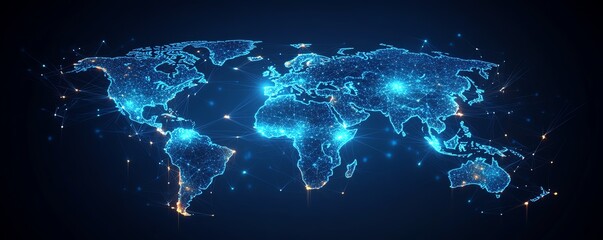 A futuristic 3D visualization of a digital world map with glowing connections and lights, representing global networking on a dark techinspired backdrop