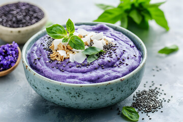 Delicious purple smoothie bowl topped with granola, chia seeds, coconut flakes, and fresh basil. Healthy breakfast or snack concept.