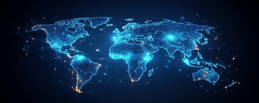 Fototapeta A futuristic 3D visualization of a digital world map with glowing connections and lights, representing global networking on a dark techinspired backdrop