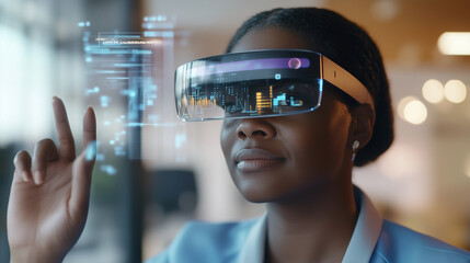 An African American female IT professional in a high-tech office, using augmented reality glasses to analyze cybersecurity threats, surrounded by holographic data visualizations an