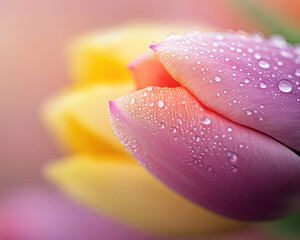 close up of vibrant tulips in shades of red and yellow, adorned with dew drops, evokes sense of freshness and beauty