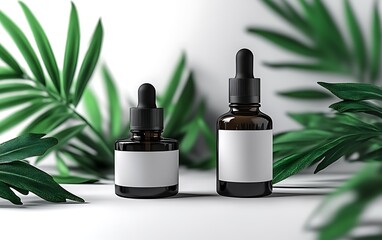 Two amber glass dropper bottles with blank labels, surrounded by lush green tropical leaves on a white background.