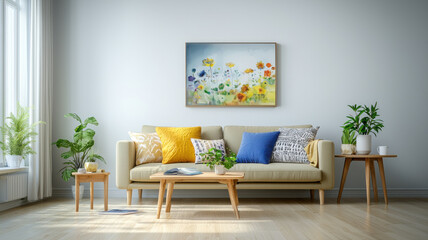 Cozy living room with modern sofa, colorful cushions, and plants