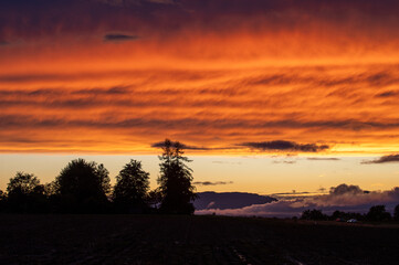 Obraz premium Magical sunset in the low mountains. Mists