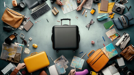 Planning trip with colorful luggage, maps, and travel essentials