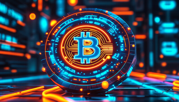 Digital Bitcoin, virtual reality-style, bitcoin vr, heads-up display (HUD), circular graphs, data points, futuristic interface in shades of neon blue and orange, metaverse, digital wealth, crypto