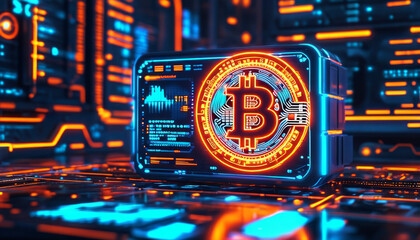 Digital Bitcoin, virtual reality-style, bitcoin vr, heads-up display (HUD), circular graphs, data points, futuristic interface in shades of neon blue and orange, metaverse, digital wealth, crypto