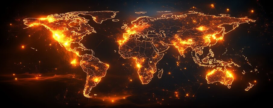 A sleek 3D mockup of a world map with glowing lights, illustrating global connections and network systems on a dark technological backdrop