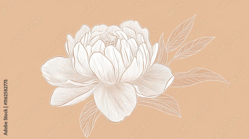 Sticker Elegant Line Art Peony Flower With Delicate Leaves