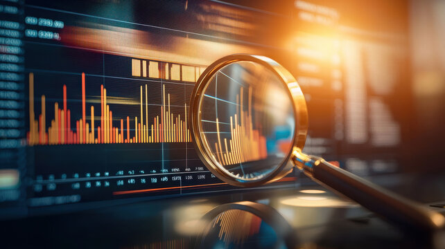 Analyzing financial data with magnifying glass on digital screen