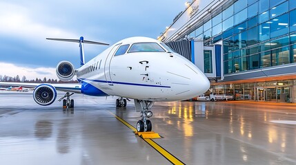 Private Jet at Airport Gate  Wet Runway  Business Travel