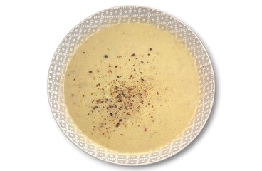 Top view of a delicious homemade fish soup, prepared with fresh fish or seafood, vegetables, and a flavorful liquid base such as stock, juice, or water, creating a hearty and nutritious dish.